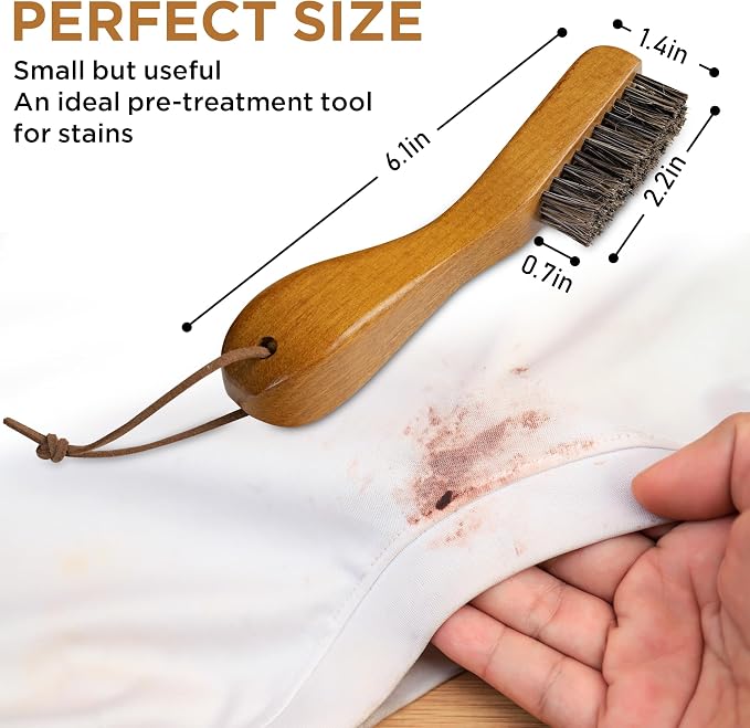 Laundry Stain Brush, Soft Natural Horse Hair, Safe on Delicates 2pcs | Clothes Cleaning Scrubber, Stain Remover for Shirts, Collars, Cuffs & Shoes, Curved Beech Wood Handle with Hanging Loop