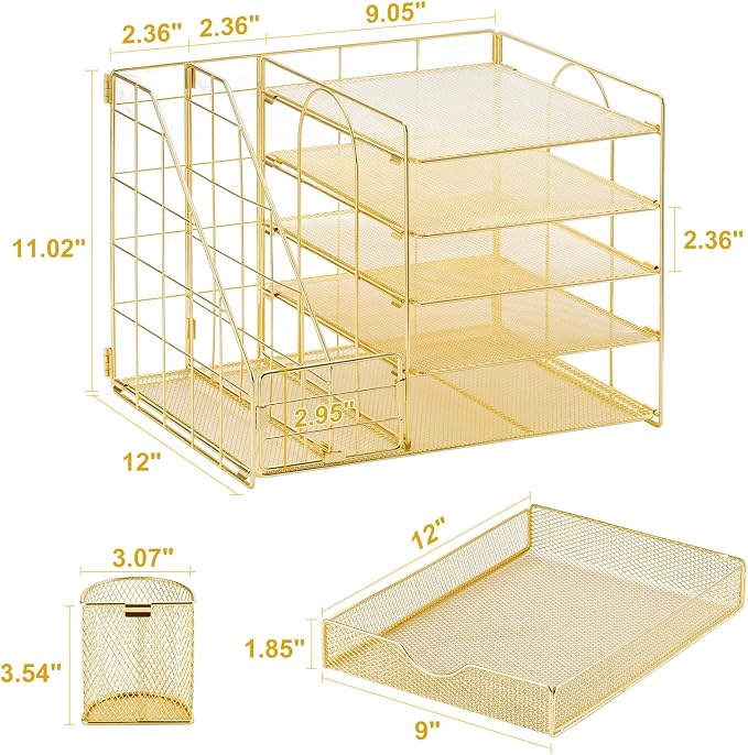 Marbrasse Rose Gold Desk Organizer with File Holder, 5-Tier Paper Letter Tray Organizer with Drawer and 2 Pen Holder, Mesh Desktop Organizer and Storage with Magazine Holder for Office Supplies