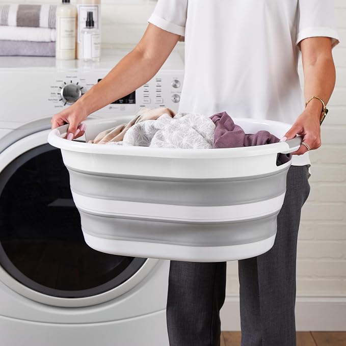 Laundry 360 Collapsible Laundry Basket | Portable | Space Saver Storage | 27 Liter Capacity | Store Under the Bed or Closet | Good for Kids | Dorm | Bedroom | Large | White/Grey