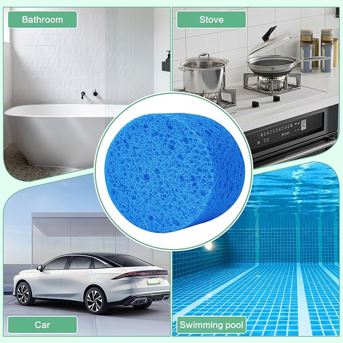 3-Pack Large Sponge, Kitchen Sponges, Handy Sponges, Cellulose Sponges, Dish Washing Sponge, Natural Sponge, Car Washing Sponge, Eco Friendly Sponge (Round, 4" X 4" X 2"), Blue