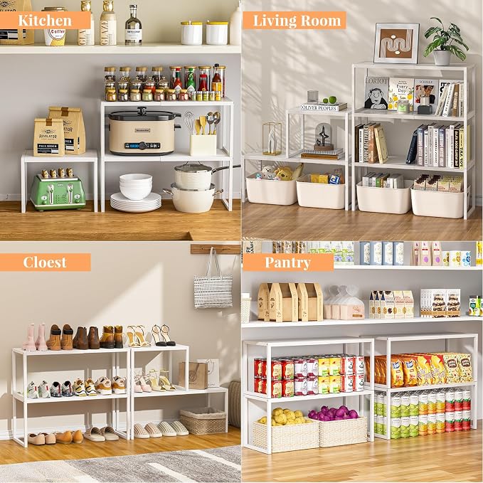 ThreeHio 2 Pack Stackable Closet Organizers and Storage Shelves, Expandable Metal Clothing Shelf, Adjustable Shelving Unit for Cabinet Wardrobe, Kitchen, Pantry, Sweater Clothes Cube Storage Organizer