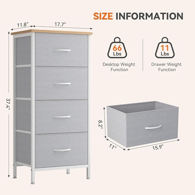 Sweetcrispy 4 Storage Drawer Dresser, Storage Cabinet, Clothes Organizer | Small Fabric Dresser for Closet, Chest of Drawers, Closet Organizer, Home Furniture, Sturdy Frame, Light Gray