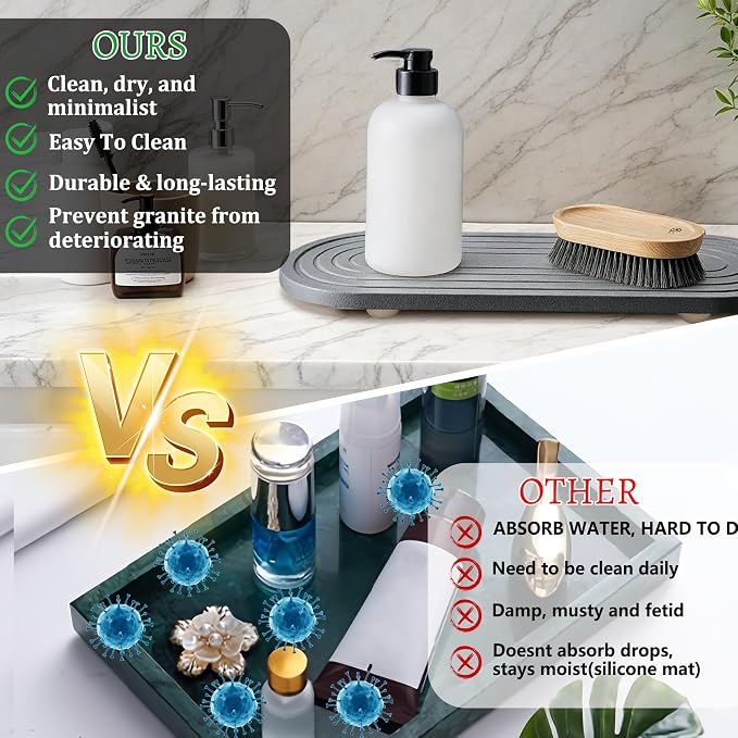 Instant Dry Sink Caddy Organizer, Fast Drying Sink Caddy, Water Absorbing Stone Sponge Holder for Kitchen and Bathroom Countertop with Natural Loofah and Wooden Feet