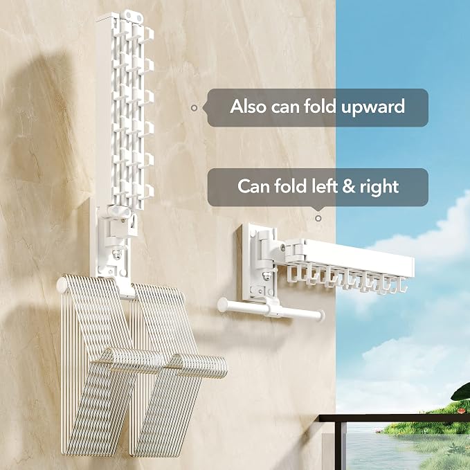 BOQORAD Wall Mounted Clothes Hanger Rack, Clothes Drying Rack,Laundry Drying Rack,Collapsible Clothes Rack Wall Mount, Retractable Drying Rack Clothing,can Fold Upward & Left & Right,White Color