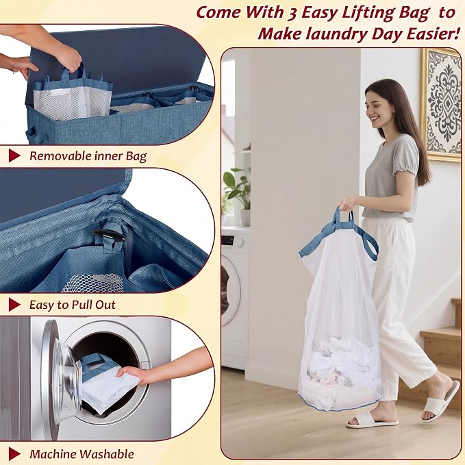 195L Laundry Hamper 3 Section,Large Laundry Hamper with Lid,Dirty Clothes Hamper with 3 Inner Bags,Collapsible Laundry Basket Organizer for Laundry Room,Bedroom,Laundry Sorter Hamper 3 Compartment