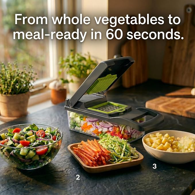 14-in-1 Vegetable Chopper with Container – Veggie Chopper Vegetable Cutter, Onion Dicer, Food Chopper with 8 Blades, Potato Slicer for Salad, Carrot – BPA Free Kitchen Gadget, Dishwasher Safe