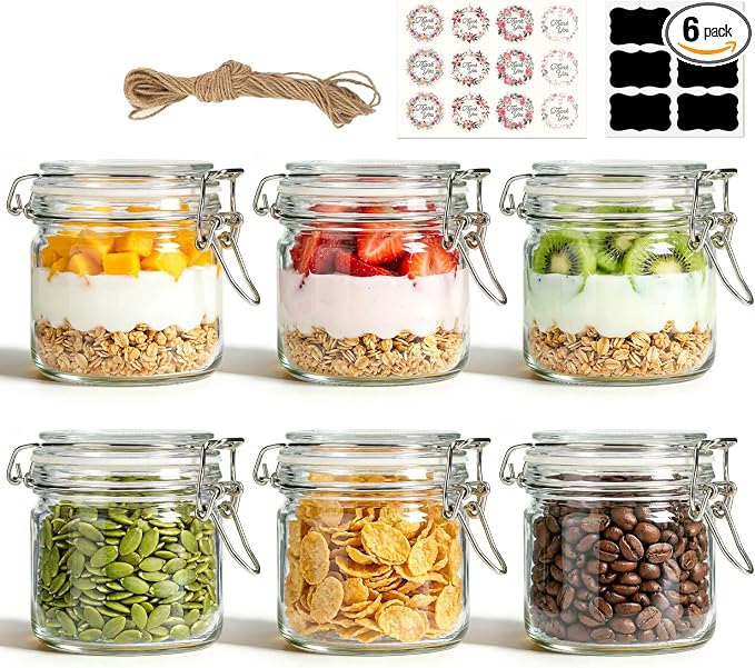 Small Glass Jars with Airtight Lids 17oz 6 Pack Overnight Oats Jars | Leak Proof,BPA-Free,Clamp Lid, Sugar Cookies Candy Nuts Snacks Storage, Pantry Organization, Wide Mouth, Labels Included