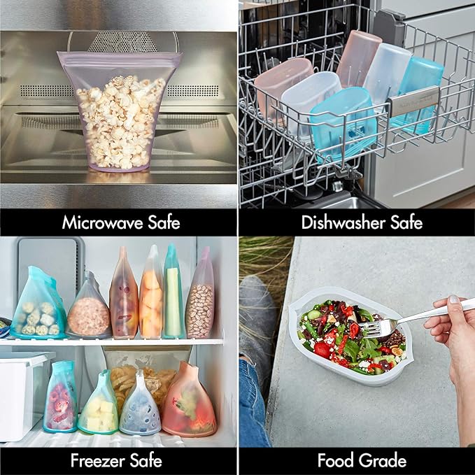 Zip Top Reusable Food Storage Containers Full Set of 8 Lavender – Platinum Silicone Cups, Dishes & Bags – Microwave, Dishwasher & Freezer Safe – Made in USA, BPA-Free