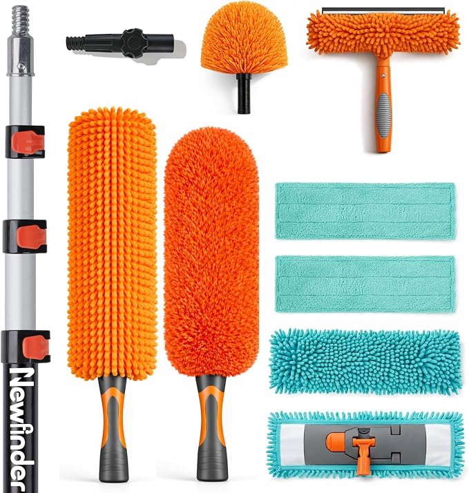 20ft High Ceiling Duster Kit, 4-12ft Heavy-Duty Extension Pole, Long Handle | Ceiling Fan Duster, Cobweb Duster, Microfiber Duster, Window Squeegee & Cleaner, Wall Duster for High Reach Cleaning, 11Pcs