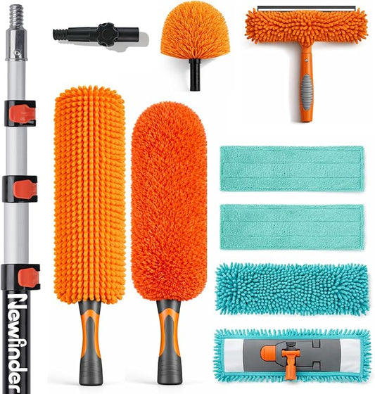 20ft High Ceiling Duster Kit, 4-12ft Heavy-Duty Extension Pole, Long Handle | Ceiling Fan Duster, Cobweb Duster, Microfiber Duster, Window Squeegee & Cleaner, Wall Duster for High Reach Cleaning, 11Pcs