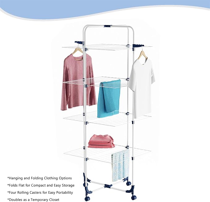Lavish Home Clothes Drying Rack – 4-Tiered Laundry Station with Collapsible Shelves and Wheels for Folding, Sorting and Air Drying Garments