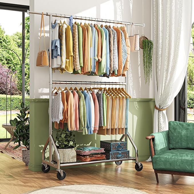 Simple Trending Heavy Duty Clothes Rack, Double Rod Clothing Rack with Wheels & Shelf, Rolling Garment Rack for Hanging Clothes, Adjustable Freestanding Wardrobe Closet for Bedroom, Laundry, Chrome