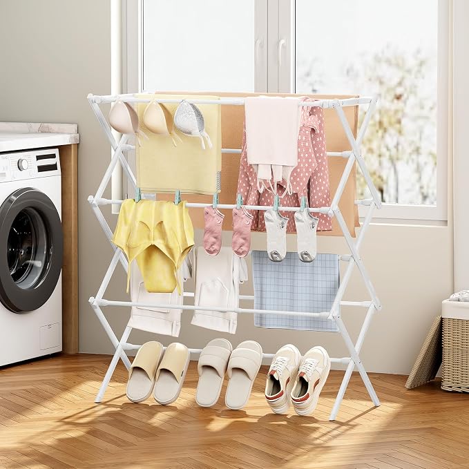 KINGBOARD 3-Tier Extendable Clothes Drying Rack, Small & Foldable, White | 37.4"H x 33.8"W x 11.2"D, Space-Saving Collapsible, Easy Assembly, Rust-Resistant Iron Frame, Indoor Outdoor Use, 25lb