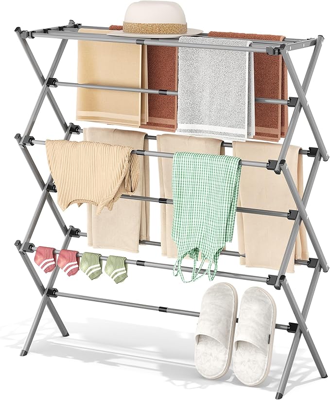 APEXCHASER 3-Tier Foldable Clothes Drying Rack, 37.6" H, Grey/Black | Rust-resistant Metal, Tool-free Assembly, Extendable Drying Hanger, Fold Flat to Easy Storage, 11.8" D x 35" W, Holds 24lbs
