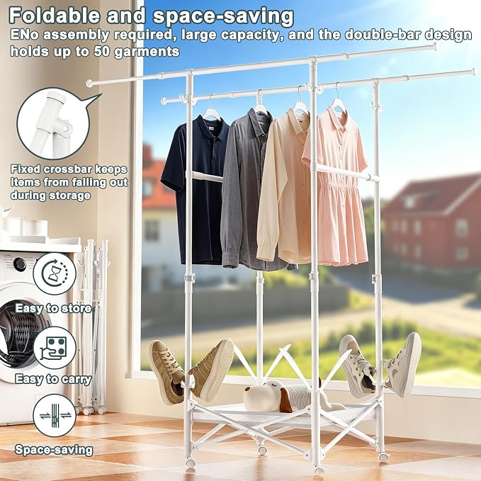 Portable Foldable Clothes Drying Rack - Adjustable Double Extendable Rods (33.1” to 56.7”) -Portable Coat Rack for Travel, Camping, Drying, RV, Indoor, Outdoor, Easy Assemble（White