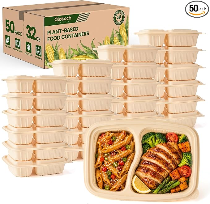 100 Piece (50 Pack) Meal Prep Containers Reusable - 2 Compartment 32 oz Cornstarch Snack Containers with Lids - Plastic Food Storage Salad Containers - To Go Lunch Box - Microwave & Freezer Safe