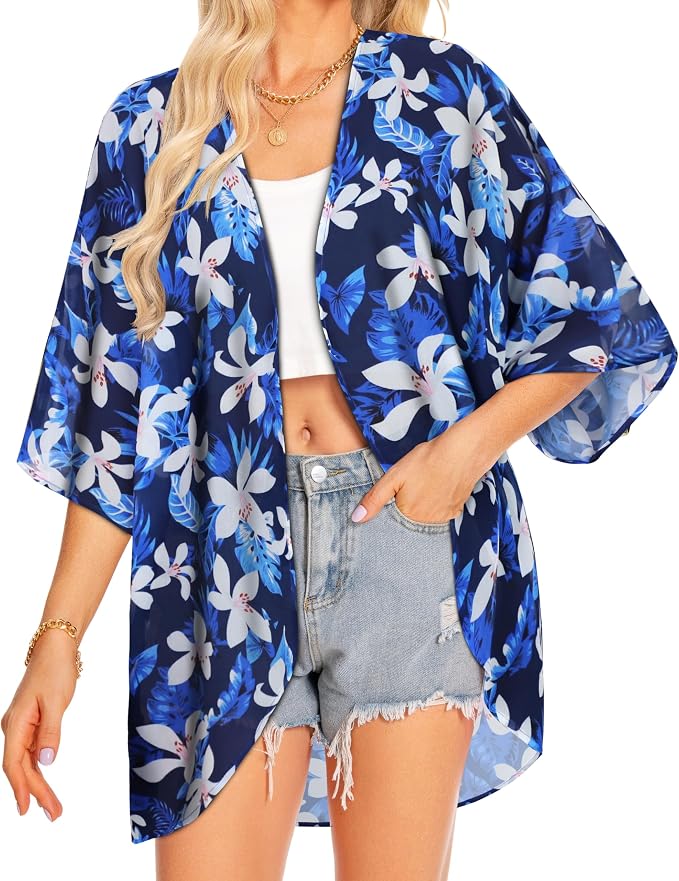Women Kimono Cardigans Summer Cover Up Hawaiian Shirts Floral Print Tops | ROSEMIA chiffon kimono open front cardigans, beach cover ups, daily casual tops, cruise outfits, summer resort wear
