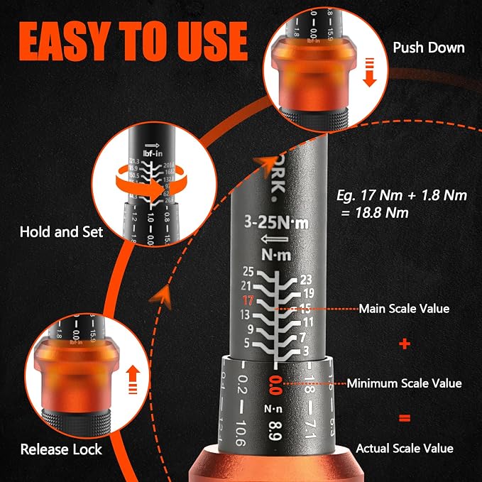 1/4 Torque Wrench, 3-25 Nm/26.6-221.3 in.lb, Mini 1/4" Drive Click Bike Torque Wrench Inch Pounds with 72-Tooth Dual-Direction, Small Bike Tool for Bicycle, MTB Maintenance, ±3% High Precision