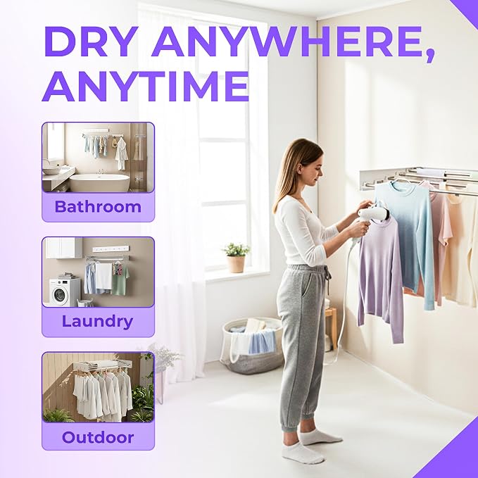 Wall Mounted Clothes Drying Rack - 31.5" Foldable Clothes Drying Rack Wall Mount, 5 Steel Rods With Knobs, Retractable Space-Saving Laundry Rack, Heavy Duty 60 lbs Capacity (Wall Template Included)