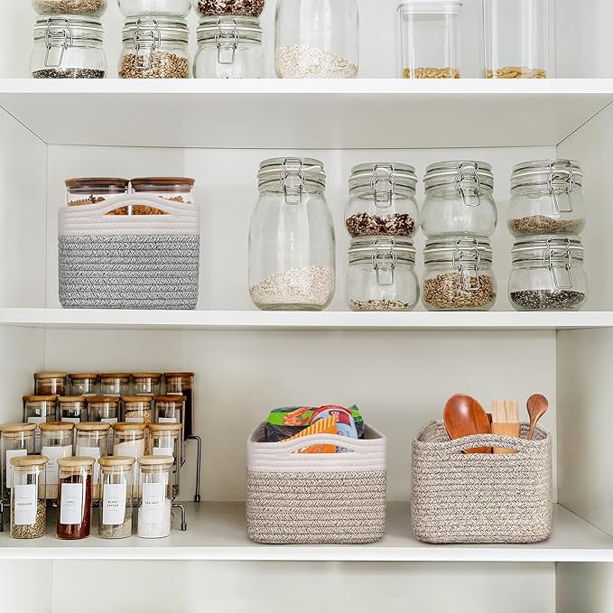 Goodpick Baskets for Organizing, 13 x 8 x5 in, Baskets for Shelves, Toy Storage, Home Decor, Dorm Decor 3 Pack for Bathroom, White & Light Brown