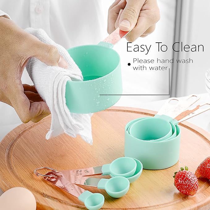 Rose Gold Stainless Steel Handle Measuring Cups and Spoons Set, 8 Piece Stackable Accurate Tablespoon for Measuring Dry and Liquid Ingredients Small Teaspoon with Plastic Head (Grey)