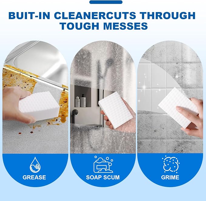 Extra-Thick Melamine Sponge Erasers, 3.94 x 2.76 x 1.18 in, 50 Count | Water-activated extra-thick pads lift grime on kitchens, baths, tile, sinks and appliances; rinse and dry after use.