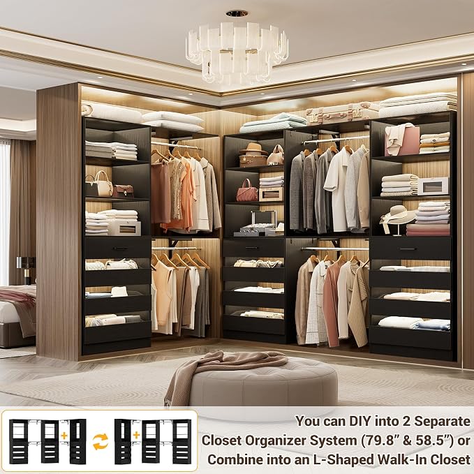 Aheaplus Closet System with 12 Drawers, 138.5" Wood Closet Organizer System with 4 Hanging Rods & Top Shelves, 6.7+4.85Ft L Shaped Corner Walk-in Closets Wardrobe Organizer Rack, Set of 3, Black