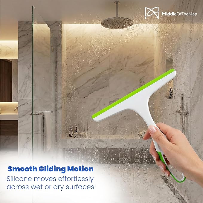 Middleofthemap Shower Squeegee - Flexible Silicone Blade, Lightweight Plastic Handle, Easy Hanging Hook, Attractive Colors, Perfect for Glass Doors, Windows, Tiles, and Mirrors 9.5" (2)