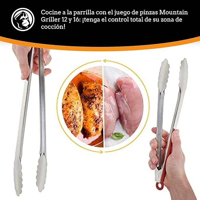 Mountain Grillers Grill Tongs for Cooking BBQ - 12 & 16" Set of 2 Heavy Duty for Serving Food Rubber Grips Long Locking Stainless Steel Kitchen Tongs & Barbecue No More Burnt Hands Heat Resistant
