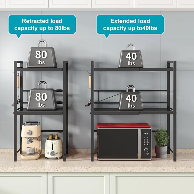DOLALIKE Microwave Oven Rack, Expandable Microwave Stand Countertop Kitchen Utensils Tableware Storage, Carbon Steel Over Microwave Shelf Countertop with 3 Hooks | Adjustable Microwave Oven Rack Metal Storage Shelf with 3 Hooks for Pans Small Appliance...