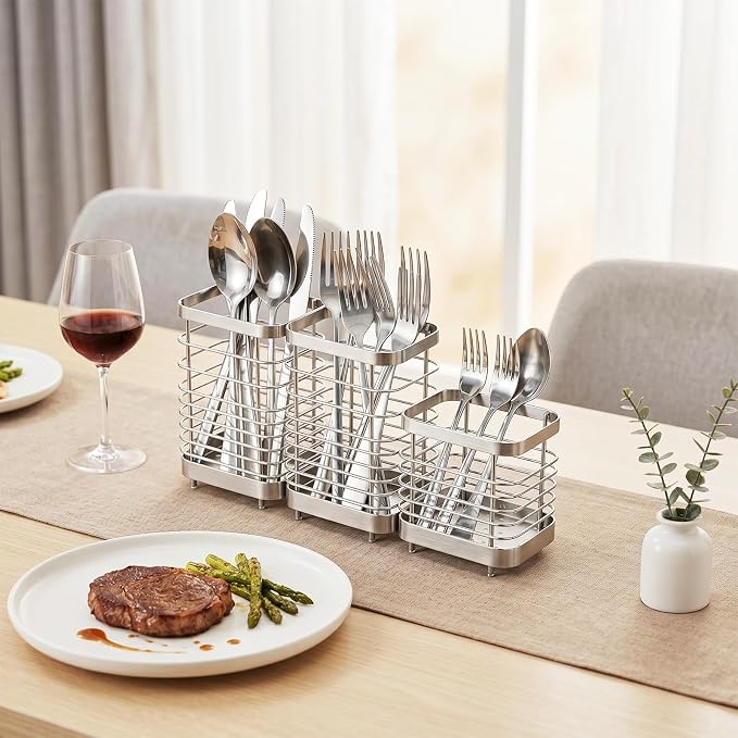 Utensil Holder, Stainless Steel Utensil Drying Rack for Kitchen Counter, Silverware Cutlery Flatware Holder Forks, Knives, Spoons, Chopsticks Organizer (2 Large and 1 Small)