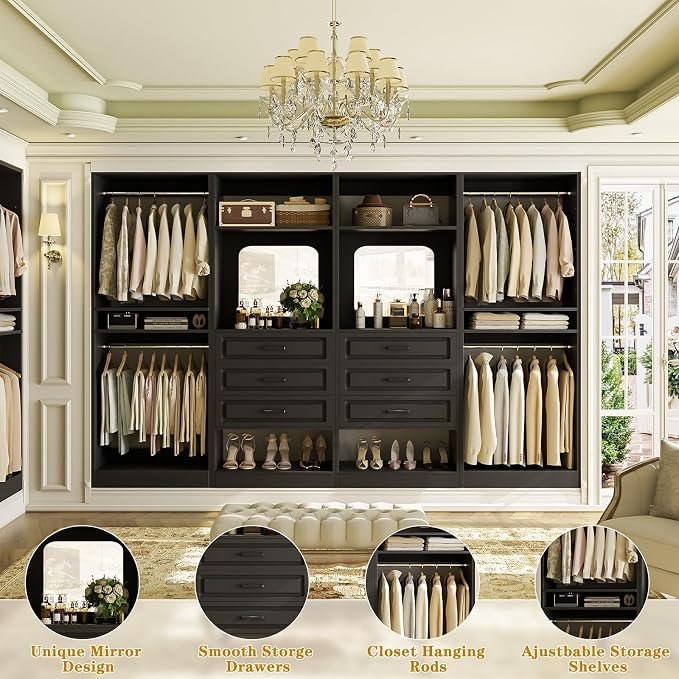 Unikito Closet System with Drawers, 100” Wood Closet Organizer with Hanging Rods and Mirror, Large Walk in Wardrobe Garment Rack with Adjustable Shelves, Sturdy Freestanding Closet Tower, Black