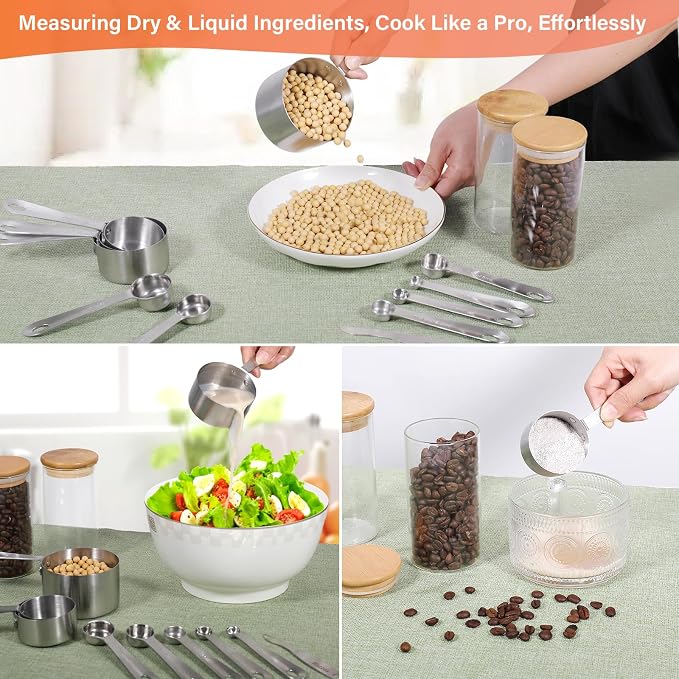 Stainless Steel Measuring Cups & Spoons Set of 11, Stackable Metal Measuring Cups & Spoons, Kitchen Gadgets for Cooking & Baking