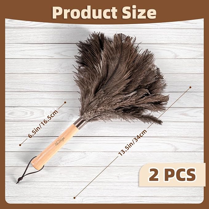 2 Pack Ostrich Feather Dusters for Cleaning with Wooden Handle, 13.5 inch | Natural Fluffy Ostrich Feathers, Washable & Reusable Dusters, Soft Cleaning Tools for Home, Car, Delicate Surfaces