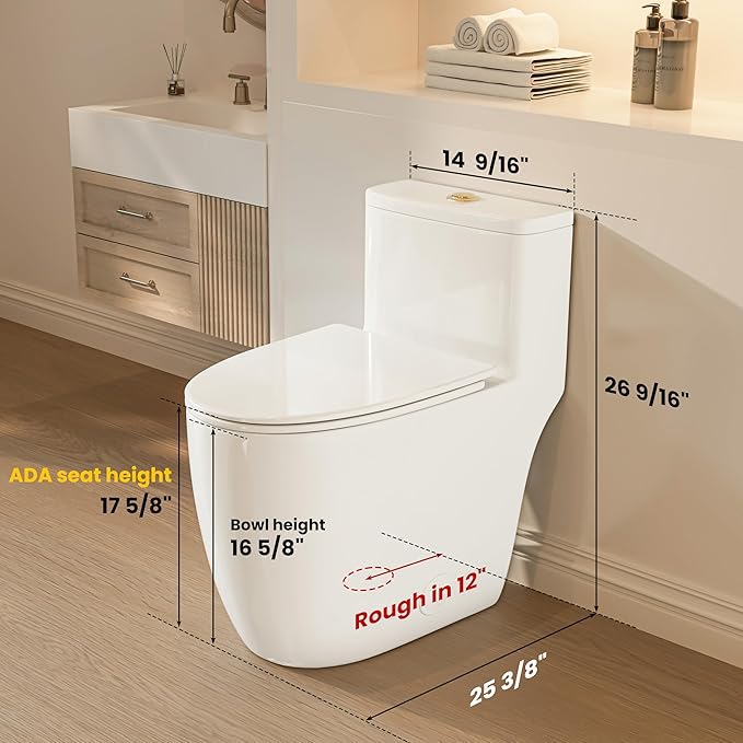 Casta Diva Elongated One Piece Toilet with 17.5" Comfort Chair Height Seat Modern Toilets for Bathroom, High Efficiency Dual Flush 1.0/1.28 GPF & MAP 1000g, 12'' Rough-in, Golden Flush Button