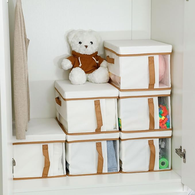 Closet Organizer and Storage, Large Oxford Fabric Storage Bins with Lid and Handle, Foldable and Stackable Baskets for Clothes, Towels, Nursery, Toys, Beige, 6 Pack