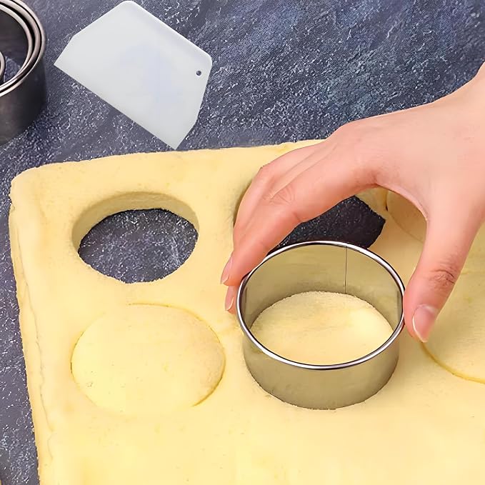 8pc Round & Circle Cookie Cutter Set with 2 Scrapers - 6 Stainless Steel Biscuit Cutters (2"-6", 1.18" Deep) - Includes 6" Bench Scraper & Silicone Bowl Scraper - Tools for Pastry, Donuts & Scones