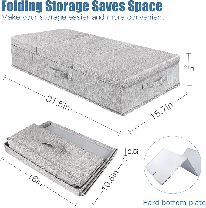 Supowin Underbed Storage Containers Bin with Lids, Large Under Bed Storage Organizer Box with Handle, Foldable Under the Storage Bags for Organizing Clothes, Shoes, Blankets, Pillows