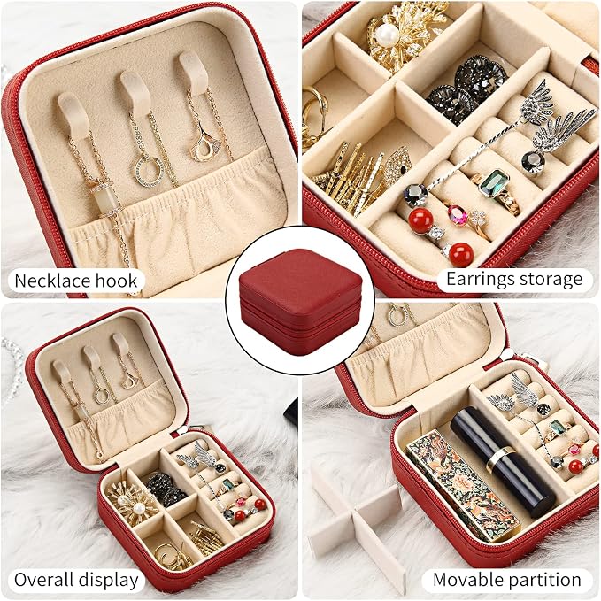 TRODANCE Mini Jewelry Case, Small Travel Jewelry Organizer, Portable Jewelry Box Mini Storage Organizer Display Box For Rings Earrings Necklaces (Red-4pcs)