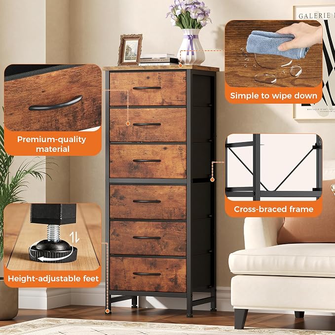 Sweetcrispy Tall Fabric Dresser for Bedroom, 6 Drawer Chest of Drawers | Narrow Storage Tower with Wood Top and Metal Frame, Vertical Nightstand for Closet, Bedroom Organization Furniture, Brown