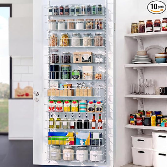 ElegantArray 10-Tier Pantry Door Organizer, White | Over The Door Pantry Organizer Rack and Storage, Hanging Spice Rack Shelves Door, Home Office Laundry Room Bathroom & Kitchen