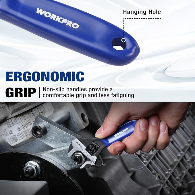 WORKPRO 4-Inch Mini Adjustable Wrench, Wide Jaw Cr-V steel Wrench | Black Oxide Finish, Metric & SAE Scales, Compact Size for Small Nuts, Home Projects, Workshop and DIY Tasks.