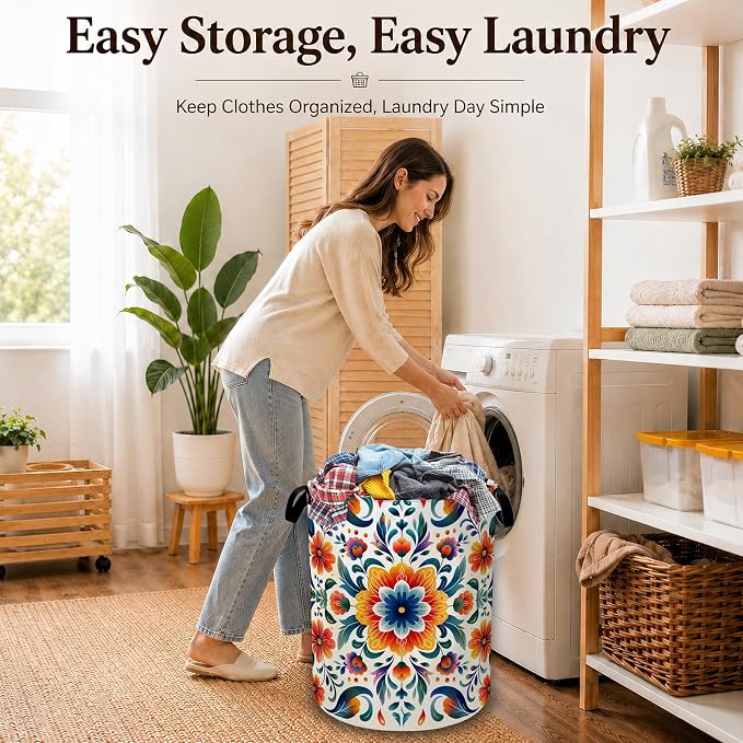 Mexico Folk Floral Large Laundry Hamper, Collapsible Oxford Clothes Basket with Handles, Freestanding Dirty Clothes Organizer for Bedroom Bathroom Dorm Laundry Room, 16 x 20.8 Inch