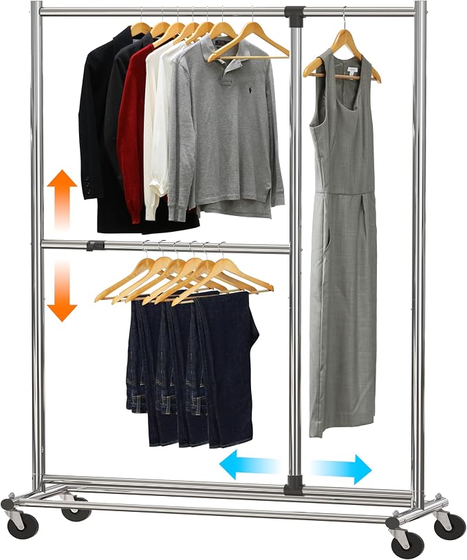 Simple Houseware Dual Bar Adjustable Clothing Garment Rack, 72" H, Chrome | Extendable Middle Bar from 23" to 42.75 Inches Width