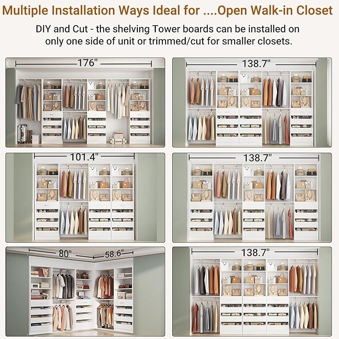 Aheaplus Closet System with 12 Drawers, 138.5" Wood Closet Organizer System with 4 Hanging Rods & Top Shelves, 6.7+4.85Ft L Shaped Corner Walk-in Closets Wardrobe Organizer Rack, Set of 3, White