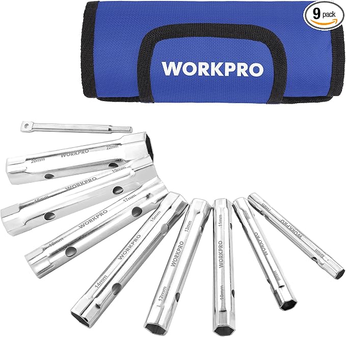 WORKPRO 9-Piece Shower Valve Socket Wrench Set with Bar Handle | Dual-Ended Socket Wrench for Bathroom Removal of Tub and Shower Valves, Home Plumbing Repairs, Double-Ended, Storage Bag