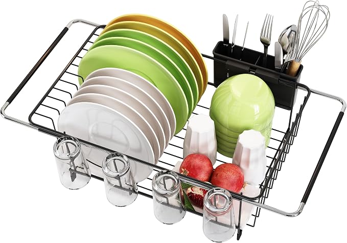 Over Sink Expandable Dish Drainer Drying Rack In Stainless Steel for Small Kitchen, Counter Space Saving Modern Black Compact Metal Above Plate Dryer Strainer, Adjustable Hanging Inside Drain Holder