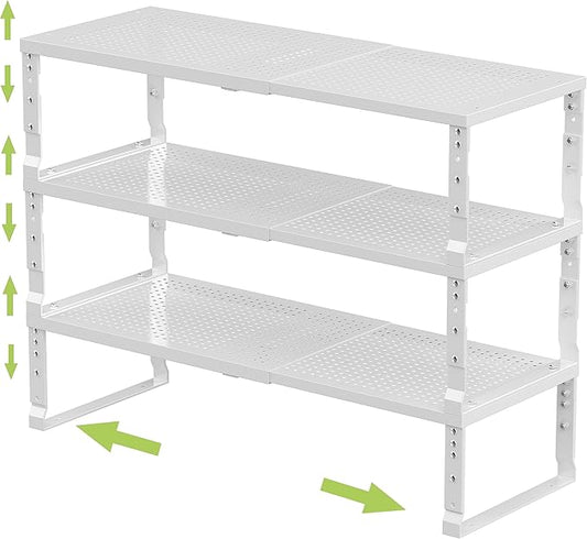 Jojocross Expandable Adjustable Stackable Kitchen Organizer, Spice Rack,Metal Pantry Storage Shelves Racks,Counter Shelf for Cabinets, Countertop, Cupboard (3 Packs/Medium/White)