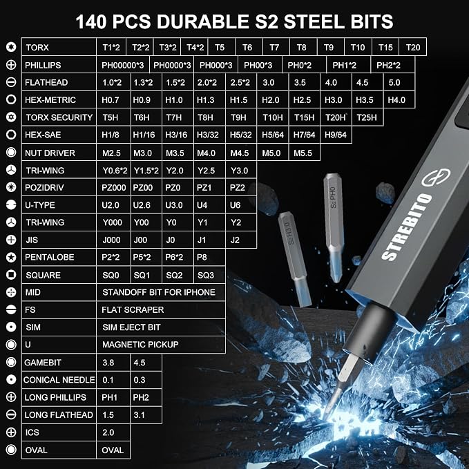 STREBITO 155 in 1 Electric Screwdriver Set, Electric Precision Screwdriver | Upgraded 5 Torque & Indicator, 140 S2 Magnetic Bits, 500mAh Battery, Electronics Tool Kit for RC, Computer, PC, Laptop, Phone
