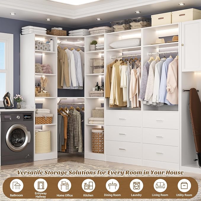 Besiost Corner Closet System with 6 Drawers, Closet Organizer System with 14 Shelves & 4 Hanging Rods, 87.2"L * 39.2"W / 63.2"L * 63.2"W Reversible L Shaped Walk-in Closets, Load 2500+LBS, White